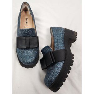 Teenmix Women's Sz. 6 Blue Glitter Leather Bow Lug Sole Loafers